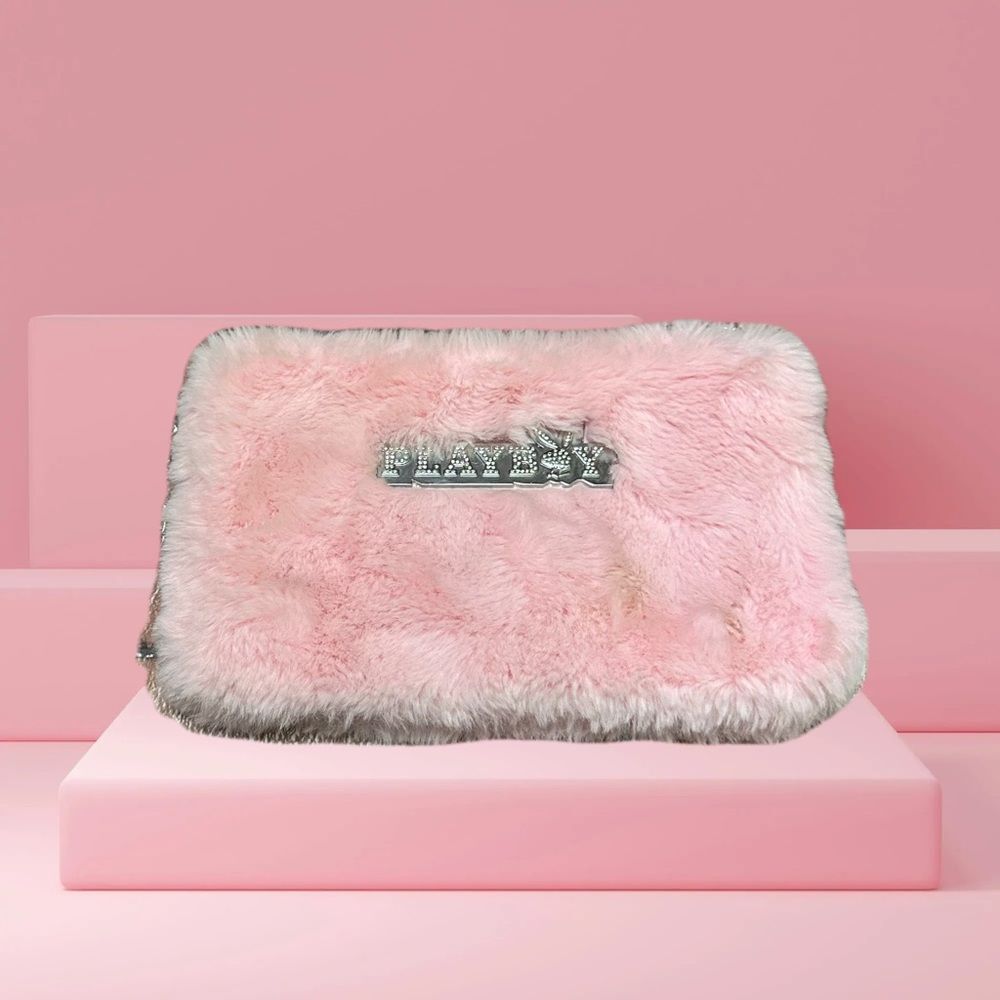 PLAYBOY Pink Fur Clutch with Silver Accents
